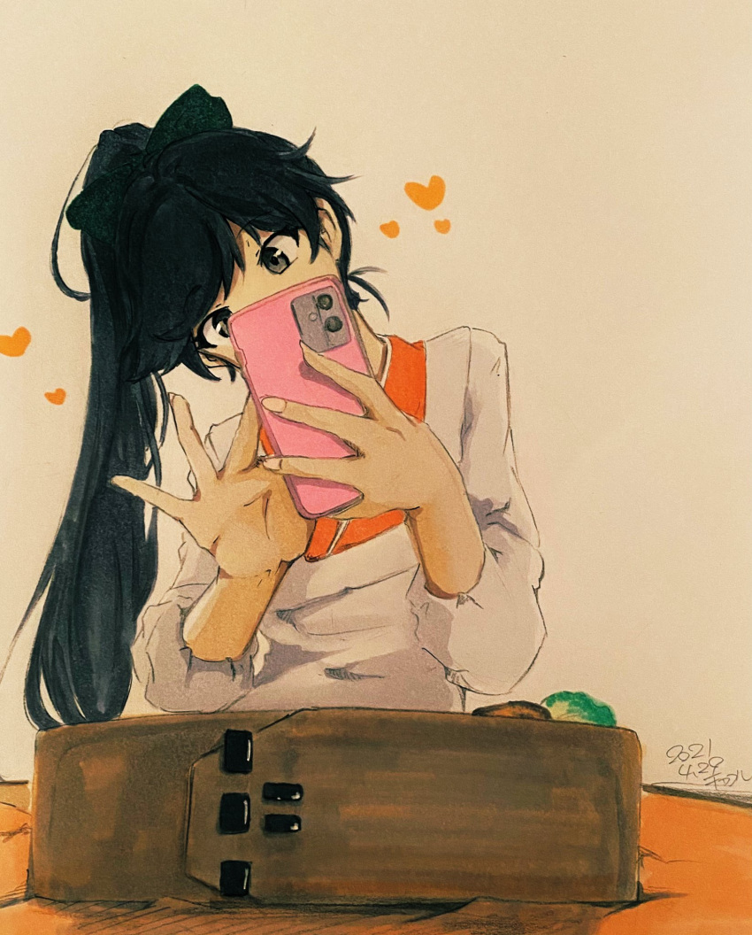 bangs black_bow black_hair bow cellphone chakoru commentary_request dark_blue_hair dated facing_viewer fingernails food grey_eyes head_tilt heart hidden_mouth highres holding holding_phone houshou_(kancolle) japanese_clothes kantai_collection kappougi kimono long_fingernails long_hair looking_at_phone obentou orange_kimono parted_bangs phone ponytail sleeves_past_elbows smartphone taking_picture traditional_media upper_body