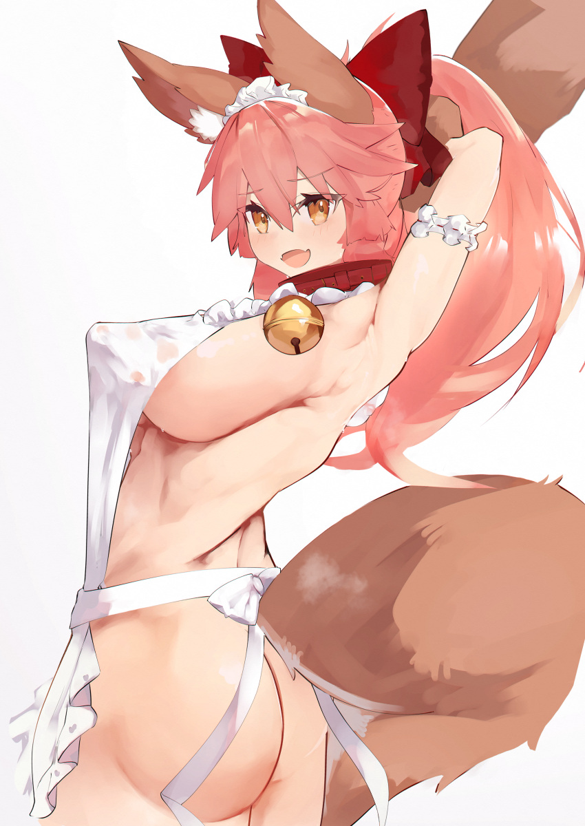 1girl absurdres animal_ear_fluff animal_ears apron armpits arms_behind_head arms_up ass bangs bare_shoulders bell bow breasts cleavage collar covered_nipples fate/extra fate/grand_order fate_(series) fox_ears fox_girl fox_tail frills gloves hair_between_eyes hair_bow highres jingle_bell large_breasts long_hair looking_at_viewer naked_apron neck_bell open_mouth paw_gloves paws pink_hair ponytail red_bow rottenweiler sideboob sidelocks smile tail tamamo_(fate)_(all) tamamo_cat_(fate) white_apron yellow_eyes