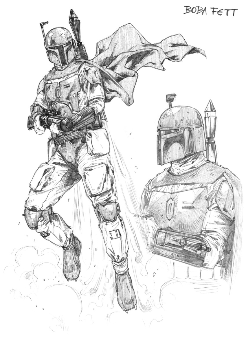 1boy armor boba_fett cape character_name flying graphite_(medium) gun haruichi_(haruichithm) highres holding holding_gun holding_weapon jetpack knee_pads looking_down mandalorian multiple_views radio_antenna science_fiction star_wars traditional_media weapon