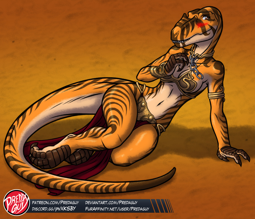 2020 3_fingers 3_toes allosaurid allosaurus amber_(raphael) anthro armlet big_tail bikini blush bottomwear bracelet breasts brown_background brown_eyes brown_markings chain clothing collar cosplay countershade_tail countershade_torso countershading digital_drawing_(artwork) digital_media_(artwork) dinosaur feet female fingers hi_res jewelry long_tail looking_at_viewer markings medium_breasts metal_bikini midriff navel non-mammal_breasts non-mammal_navel orange_body predaguy reptile scalie shaded simple_background slave_leia_costume smile smiling_at_viewer solo swimwear tan_countershading teeth_showing theropod toes topwear