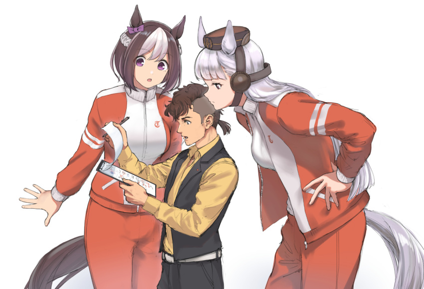 1boy 2girls animal_ears black_pants black_vest breasts brown_eyes brown_hair genso gold_ship_(umamusume) hand_on_hip height_difference horse_ears jacket large_breasts leaning_forward long_hair medium_breasts multicolored_hair multiple_girls notebook open_clothes open_jacket pants pillbox_hat purple_eyes red_jacket red_pants shirt short_hair silver_hair simple_background special_week_(umamusume) sportswear tail tall_female trainer_(umamusume) two-tone_hair two-tone_jacket umamusume vest white_background white_jacket yellow_shirt