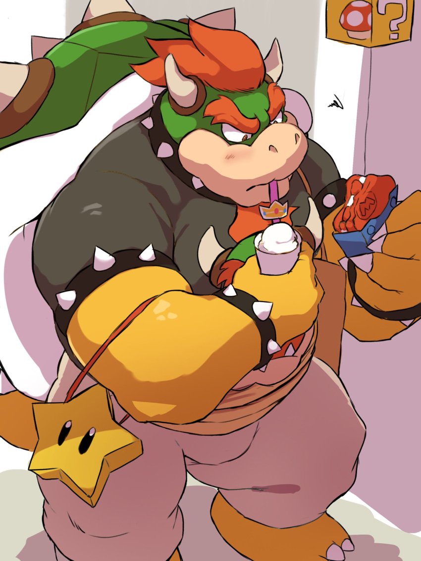 2021 anthro blush bottomwear bowser bulge clothing dessert food hi_res ice_cream kemono koopa male mario_bros nintendo overweight overweight_male pants scalie shirt solo star topwear video_games yoshizaurusu_n