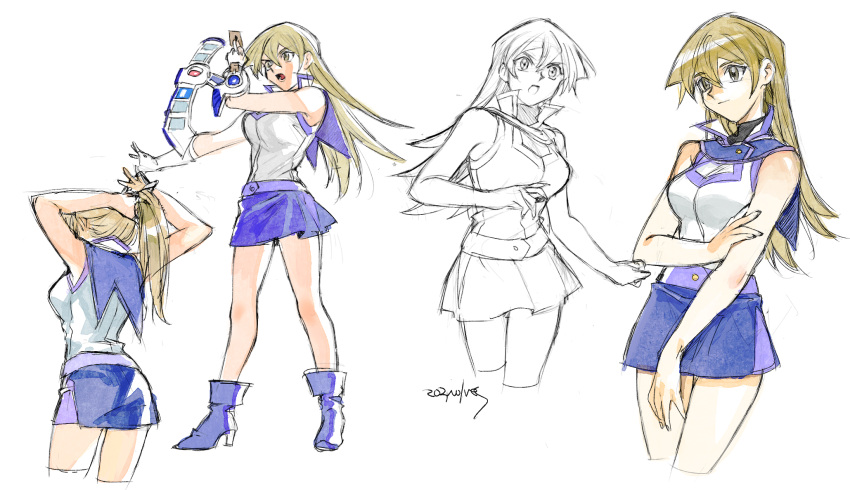 1girl 203wolves ankle_boots artist_name bangs bare_arms bare_shoulders belt blonde_hair blue_skirt boots breasts buttons card closed_mouth duel_academy_uniform_(yu-gi-oh!_gx) duel_disk full_body high_heel_boots high_heels highres holding lineart long_hair looking_away medium_breasts miniskirt multiple_views open_mouth signature simple_background skirt sleeveless tenjouin_asuka tied_hair turtleneck yellow_eyes yu-gi-oh! yu-gi-oh!_gx