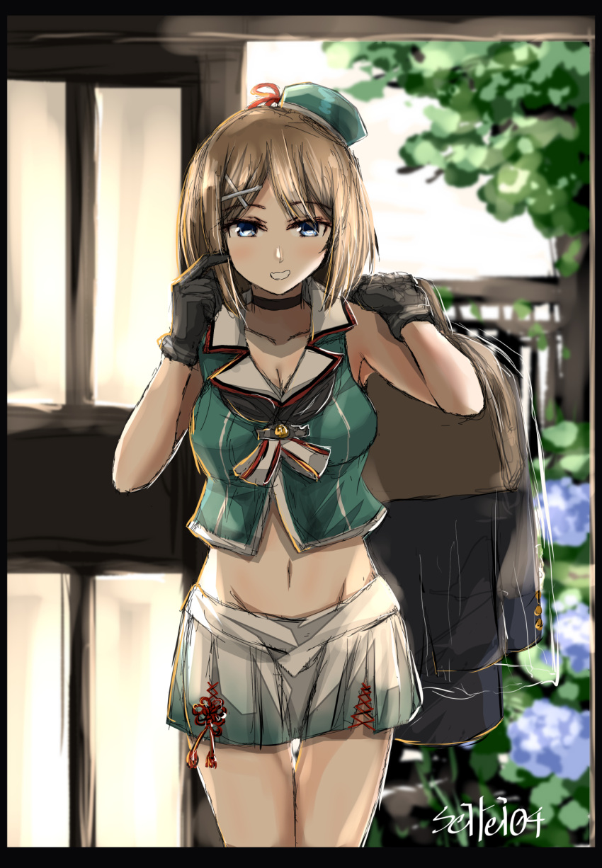 1girl artist_name bare_shoulders black_border black_choker blue_eyes blurry blush border breasts brown_hair choker cleavage depth_of_field flower gloves grey_skirt groin hair_ornament highres jacket jacket_on_shoulders kantai_collection looking_at_viewer maya_(kancolle) medium_breasts midriff navel pleated_skirt red_ribbon ribbon scratching_cheek seitei_(04seitei) short_hair skirt solo thigh_gap tree x_hair_ornament