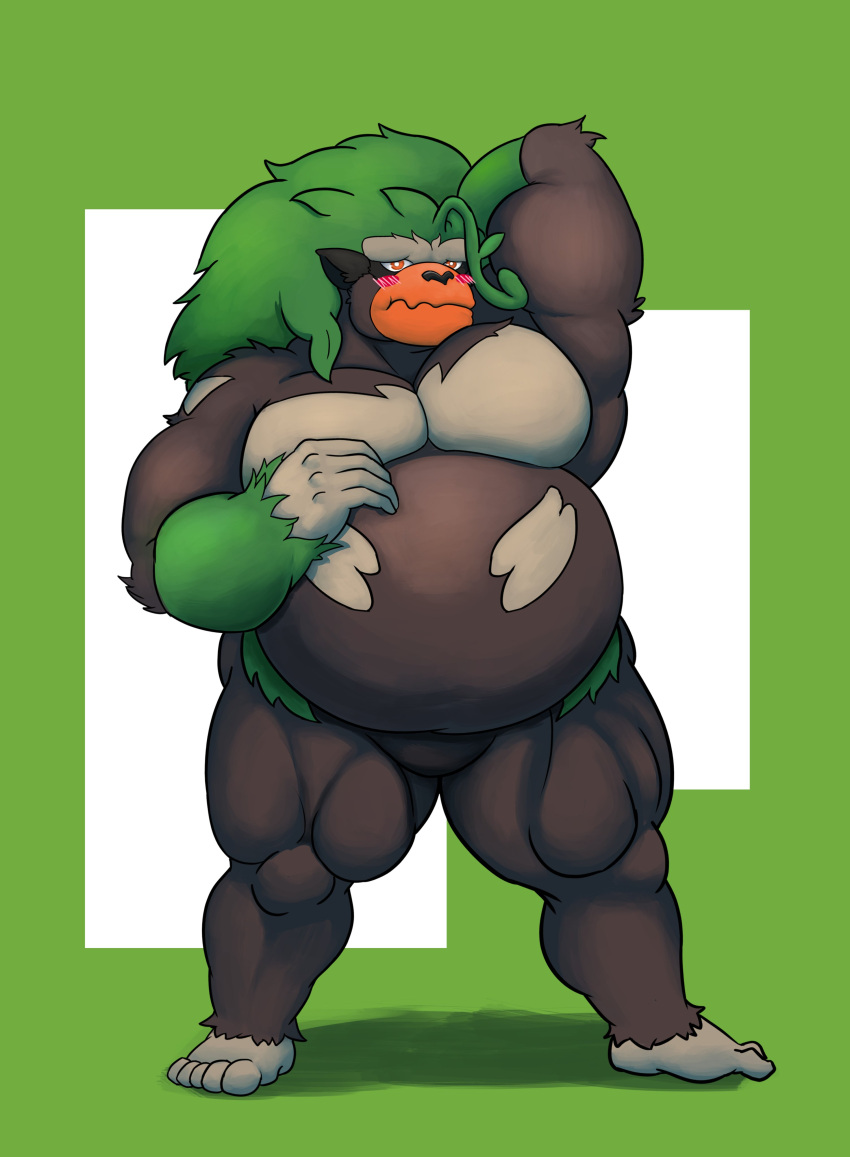 5_fingers 5_toes absurd_res anthro barefoot belly big_belly big_muscles bluejeff24 blush brown_body brown_fur feet fingers fur green_background green_hair hair hand_behind_head hi_res jeffieb19 leaf leaf_hair long_hair looking_at_viewer male musclegut muscular muscular_anthro muscular_male muscular_thighs nintendo nude orange_eyes overweight overweight_anthro overweight_male pecs plant plant_hair pok&eacute;mon pok&eacute;mon_(species) pseudo_hair rillaboom shadow simple_background solo standing thick_thighs toes video_games