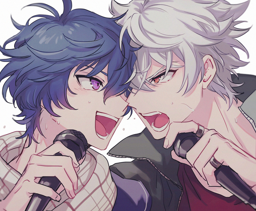 2boys argonavis_from_bang_dream! asahi_nayuta bang_dream! blue_hair face-to-face fang highres himishiro holding holding_microphone male_focus microphone multiple_boys nanahoshi_ren open_mouth purple_eyes red_eyes scarf upper_body white_hair
