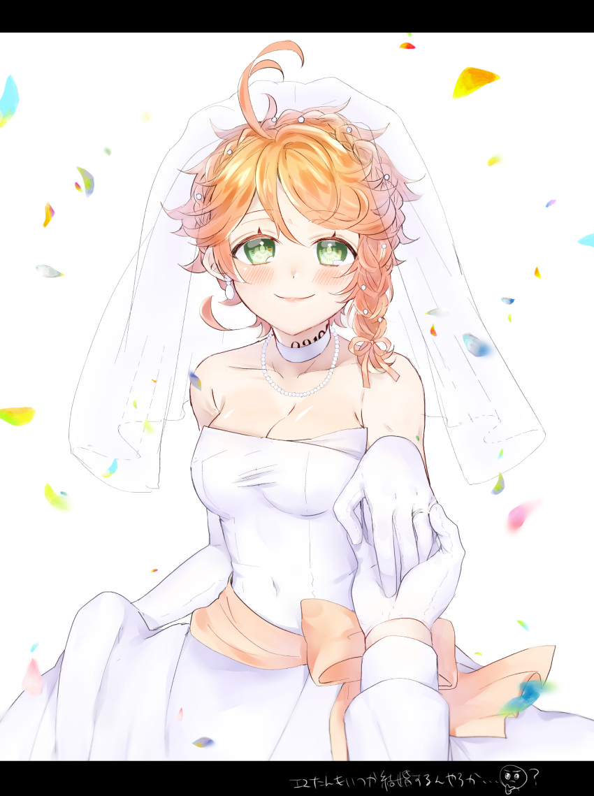 1girl ahoge closed_mouth dress emma_(yakusoku_no_neverland) green_eyes highres number_tattoo orange_hair short_hair smile tattoo tp82n1r white_background white_dress yakusoku_no_neverland