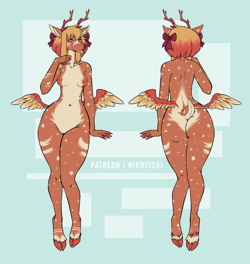 anthro antlers autumn_(demonagogue) blonde_hair breasts brown_body brown_fur butt cervid cloven_hooves digital_media_(artwork) english_text feathered_wings feathers female fur hair hi_res hip_wings hooves horn looking_at_viewer mammal markings model_sheet nikoyishi nipples nude pear-shaped_figure ribbons simple_background small_breasts solo spread_wings tan_body tan_fur text wide_hips wings