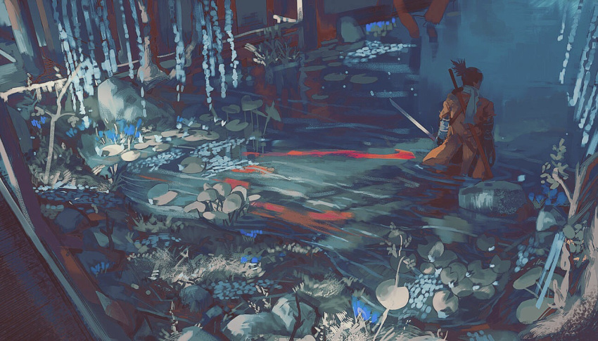 1boy black_hair blue_flower flower holding holding_sword holding_weapon klegsart lily_pad long_hair partially_submerged plant ponytail reflection rock sekiro sekiro:_shadows_die_twice solo sword upper_body weapon wide_shot