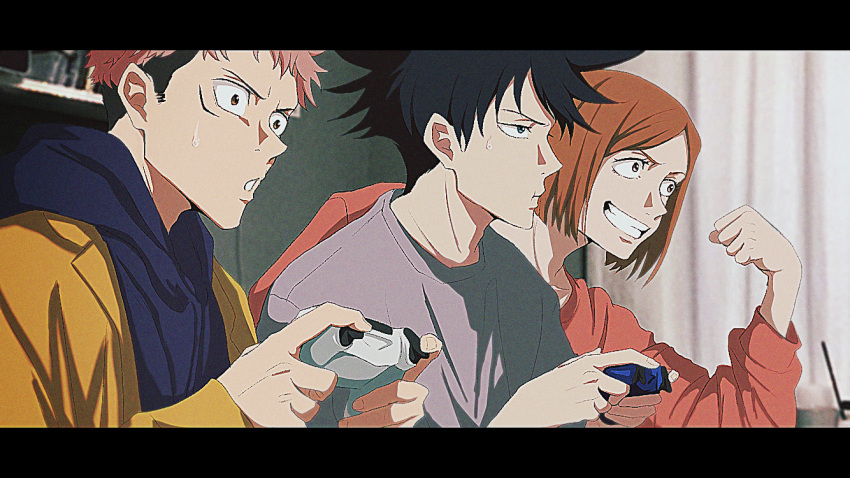 1girl 2boys :o :t arashi_(boom_sate225) black_hair blue_eyes blue_shirt book bookshelf brown_eyes brown_hair commentary_request controller curtains fist_pump fushiguro_megumi grey_shirt grin holding holding_controller indoors itadori_yuuji jacket jujutsu_kaisen kugisaki_nobara letterboxed long_sleeves multiple_boys pink_hair pink_shirt scar scar_on_cheek scar_on_face shirt short_hair smile spiked_hair sweat undercut upper_body yellow_jacket