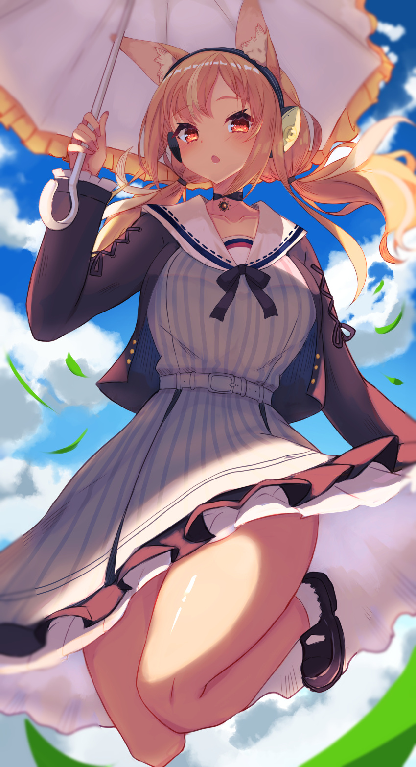 1girl :o absurdres animal_ear_fluff animal_ears bangs black_cardigan black_collar black_footwear black_headwear blonde_hair blue_sky blurry blurry_foreground blush breasts cardigan cat_ears cloud cloudy_sky collar commentary dress fake_animal_ears frilled_umbrella from_below full_body grey_dress headband headphones highres holding holding_umbrella hololive inre_kemomimi jumping large_breasts leaf looking_at_viewer looking_down low_twintails mary_janes outdoors pinstripe_dress pinstripe_pattern red_eyes sailor_collar shiranui_flare shoes sky socks solo striped twintails umbrella white_legwear white_sailor_collar white_umbrella
