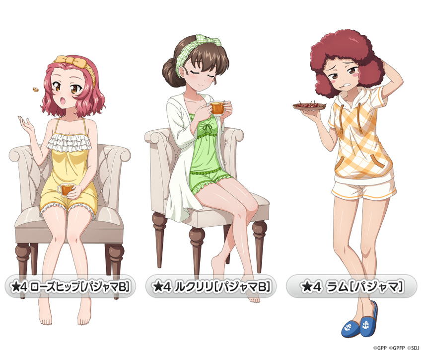 3girls arm_behind_head bangs bare_legs bare_shoulders barefoot blue_footwear blush blush_stickers bow breasts brown_eyes brown_hair camisole casual chair character_name cheese cleavage closed_eyes collarbone cup curly_hair food frilled_camisole frilled_shorts frills girls_und_panzer girls_und_panzer_senshadou_daisakusen! green_bow green_camisole green_shorts hair_bun hairband holding holding_cup holding_tray hooded_shirt legs multiple_girls nightshirt official_art open_mouth parted_hair plaid plaid_shirt red_hair rosehip_(girls_und_panzer) rukuriri_(girls_und_panzer) rum_(girls_und_panzer) sausage shirt short_hair shorts sitting sleepwear slippers smile tachi-e tea thighs toothpick tossing tray wavy_hair white_shirt white_shorts yellow_shirt yellow_shorts