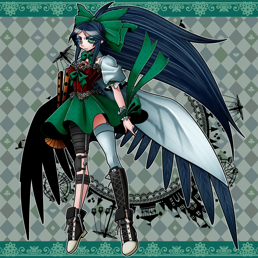 1girl absurdly_long_hair alternate_costume argyle argyle_background bird_wings black_footwear black_hair black_wings bow bowtie cape closed_mouth club_(shape) commentary_request corset cross-laced_footwear detached_collar diamond_(shape) full_body green_background green_bow green_eyes green_neckwear green_skirt hair_bow heart heterochromia highres long_hair looking_afar mismatched_footwear puffy_short_sleeves puffy_sleeves ranchuu_(akamusume) red_eyes reiuji_utsuho shiny shiny_hair shoes short_sleeves single_thighhigh skirt sneakers solo spade_(shape) thighhighs third_eye touhou very_long_hair white_cape white_legwear wings wrist_cuffs