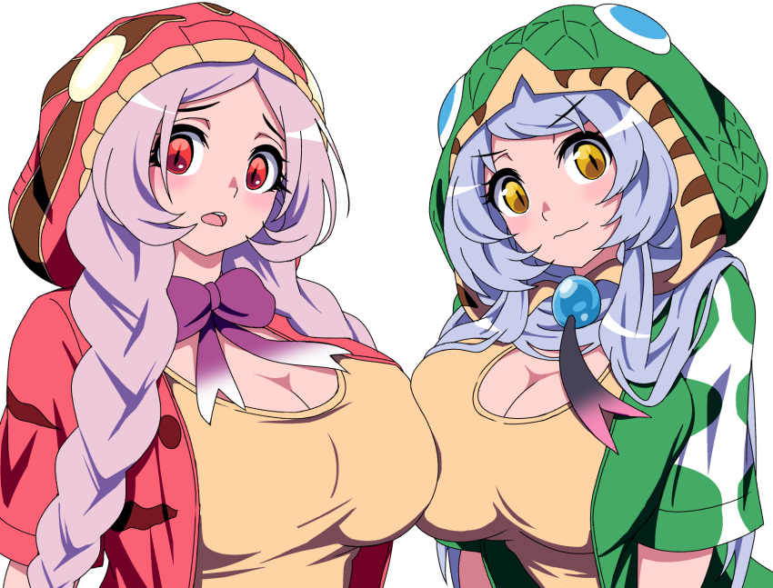 2girls amazon_tree_boa_(kemono_friends) asymmetrical_docking blue_hair bow bowtie braid breast_press breasts cleavage closed_mouth d: emerald_tree_boa_(kemono_friends) eyebrows_visible_through_hair furrowed_eyebrows head_tilt highres hood hood_up hooded_jacket jacket kemono_friends large_breasts light_blush long_hair looking_at_viewer mamiyama multiple_girls open_clothes open_jacket open_mouth purple_hair red_eyes shirt simple_background slit_pupils twin_braids upper_body very_long_hair wavy_mouth white_background yellow_eyes