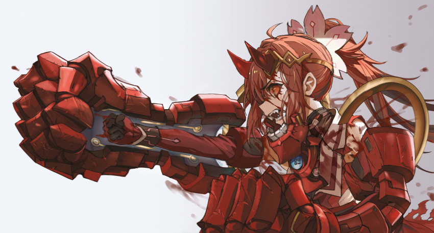 1girl absurdres armor blood blood_from_eyes bloodshot_eyes clenched_hand detached_sleeves flower from_side hair_flower hair_ornament highres horns nogi_wakaba_wa_yuusha_de_aru oni_horns open_mouth ponytail red_hair sharp_teeth sidelocks solo takashima_yuuna teeth veerinly white_background yuusha_de_aru