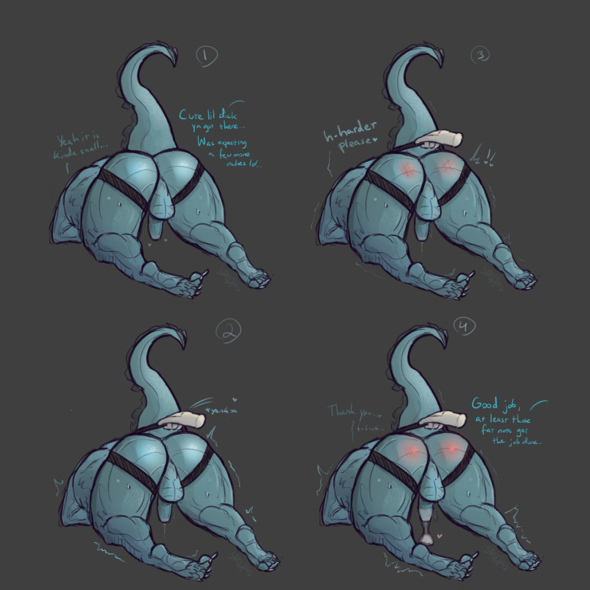 anthro ass_up balls blue_body butt butt_focus claws clothing condom degradation dragon feet filled_condom genitals hi_res humiliation jockstrap male muscular penis pulling_underwear sexual_barrier_device shaking small_penis_humiliation solo spank_marks spanking spookysauces underwear wearing_condom