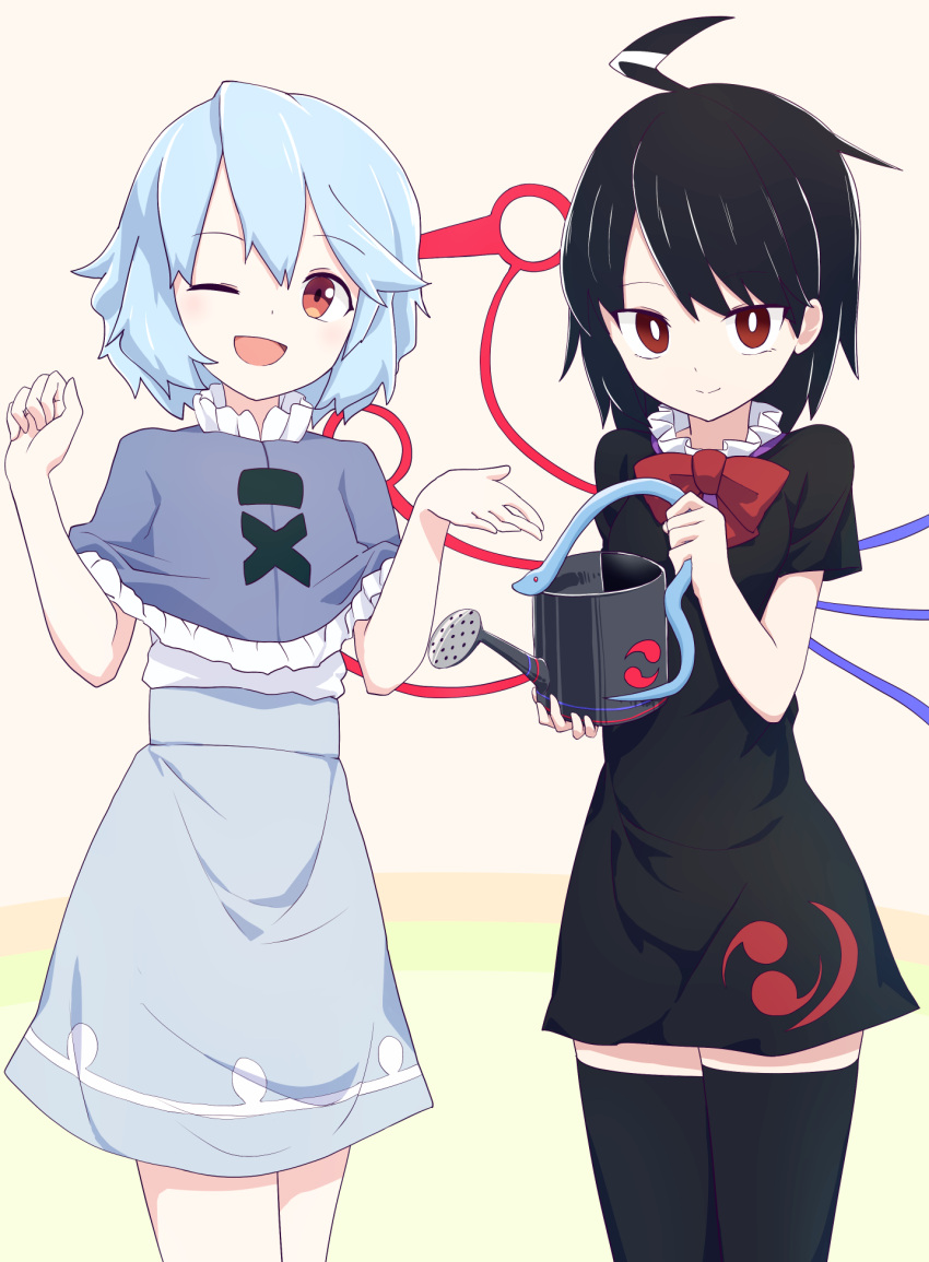 2girls ;d asymmetrical_wings bangs black_dress black_hair black_legwear blue_capelet blue_hair blue_skirt blue_wings bow bowtie bright_pupils capelet closed_mouth commentary_request cookie_(touhou) cowboy_shot dress frilled_dress frills highres holding holding_watering_can houjuu_nue konfu_nodashino_bubun looking_at_viewer meimei_(cookie) mioto_(cookie) multiple_girls one_eye_closed open_mouth red_bow red_eyes red_neckwear red_wings shirt short_dress short_hair short_sleeves skirt smile snake tatara_kogasa thighhighs touhou watering_can white_pupils white_shirt wings