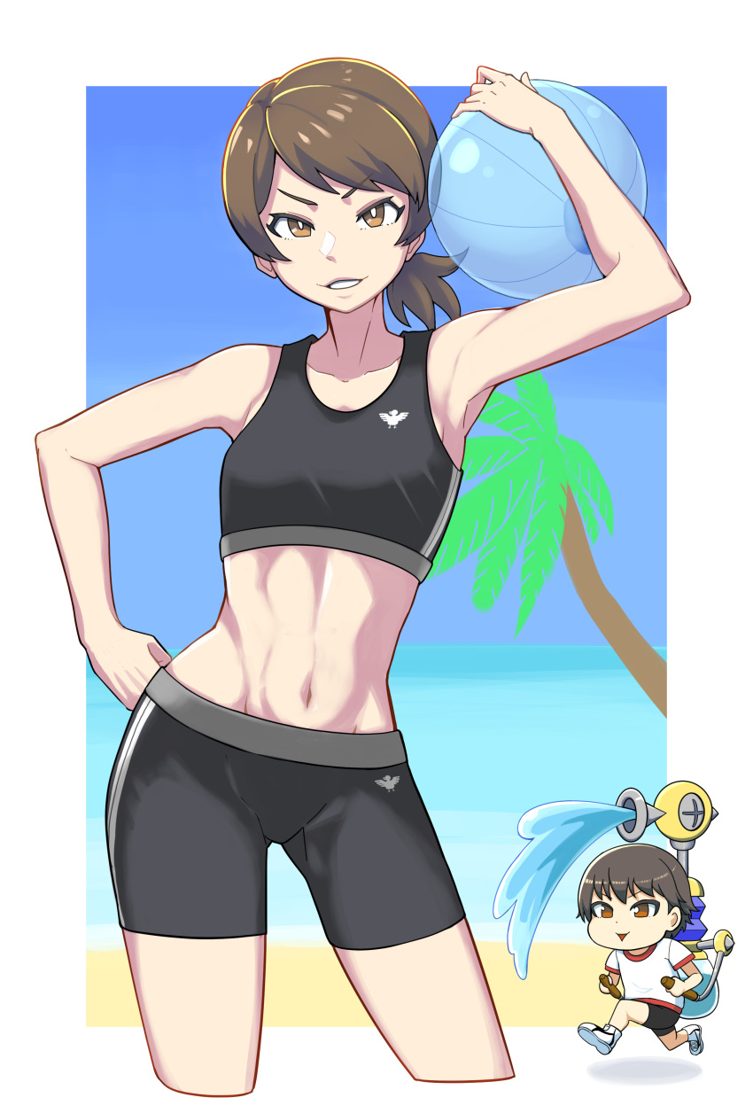 2girls abs absurdres ball bangs beachball bike_shorts bird black_shorts black_sports_bra blue_sky brown_eyes brown_hair commentary cowboy_shot cropped_legs crossover double_vertical_stripe duck emblem f.l.u.d.d. girls_und_panzer grin gym_shirt gym_uniform hand_on_hip highres holding holding_ball isobe_noriko kawanishi_shinobu looking_at_viewer mario_(series) multiple_girls navel open_mouth outside_border palm_tree running shirt short_hair short_ponytail short_shorts short_sleeves shorts sky smile sports_bra standing super_mario_sunshine swept_bangs t-shirt tree white_shirt yougata