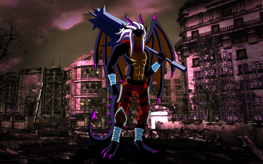 absurd_res anthro bandage belly belt black_body black_scales black_skin bottomwear city claws clothed clothing dragon hair hi_res horn knee_pads long_hair mace male melee_weapon membrane_(anatomy) membranous_wings nikku_lunatique pants pink_claws pink_eyes pink_spikes red_clothing reptile ruins scales scalie scarf solo standing sven_(nikku_lunatique) weapon weapon_on_shoulder western_dragon white_hair wings yellow_belly yellow_body yellow_scales yellow_skin