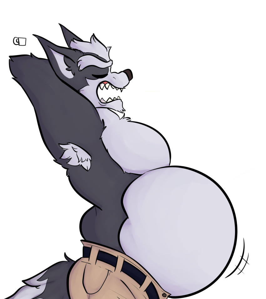 a_cup_lol anthro armpit_hair belly belly_jiggle belt big_belly body_hair bottomwear canid canine canis clothing cup eyebrows eyes_closed fur grey_belly grey_body grey_fur hands_behind_head hi_res love_handles male mammal moobs nintendo open_mouth pants pecs simple_background solo star_fox stretching teeth unbuttoned_pants video_games wolf wolf_o'donnell yawn