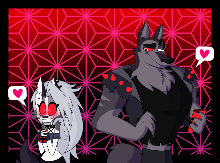 &lt;3 2021 anthro bite biting_lip canid canid_demon chest_tuft clothing demon eye_scar eyebrows eyelashes facial_scar female fur grey_body grey_fur grey_hair hair hellhound helluva_boss hi_res inner_ear_fluff islit jacket larger_male long_hair looking_at_another loona_(vivzmind) male mammal markings notched_ear phone raised_eyebrow red_sclera scar size_difference smaller_female smile spikes standing topwear torn_clothing tuft vortex_(vivzmind) white_eyes