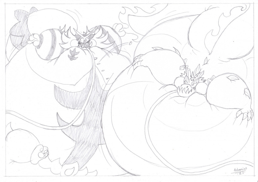 2021 3_toes 4_fingers adamios anthro belly big_belly black_and_white button_pop claws clothing competition dragon duo fangs feet fingers graphite_(artwork) horn hose hose_in_mouth hose_inflation hydrun hyper hyper_belly hyper_inflation incineroar inflation looking_at_another looking_away lying male monochrome motion_lines nintendo on_front pawpads pencil_(artwork) pok&eacute;mon pok&eacute;mon_(species) shadow shirt simple_background sitting stripes teeth toes topwear traditional_media_(artwork) video_games whiskers