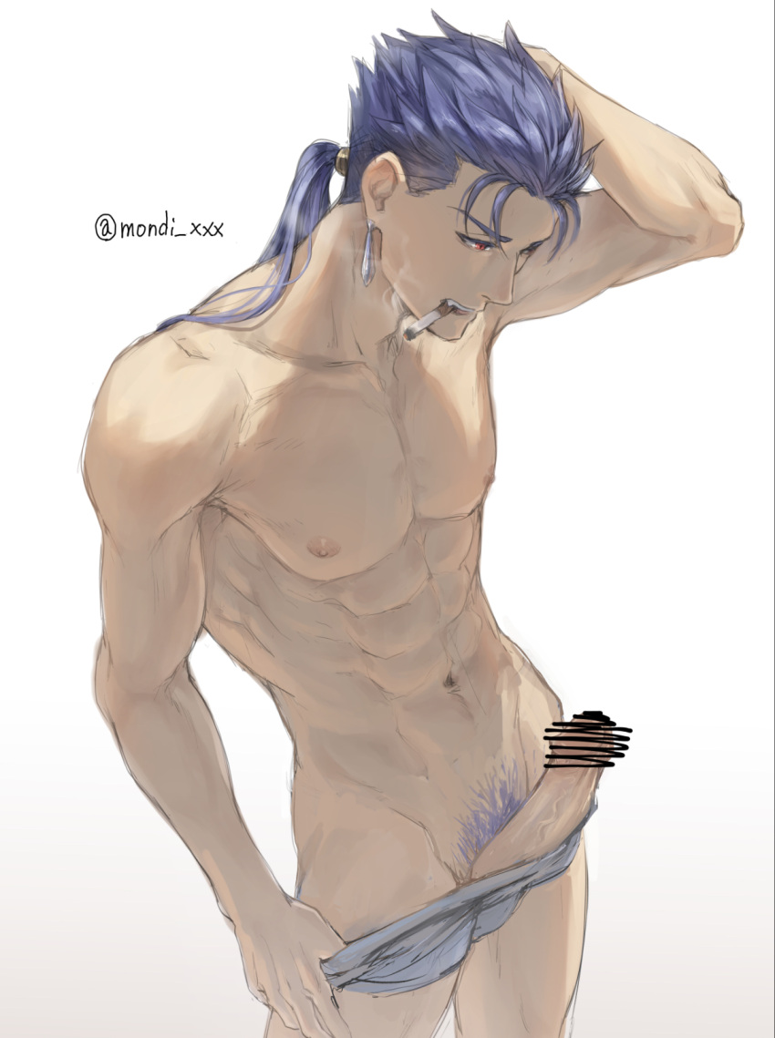 1boy abs arm_up bangs blue_hair blue_male_underwear blue_pubic_hair censored cigarette cu_chulainn_(fate)_(all) cu_chulainn_(fate/stay_night) earrings erection fate/stay_night fate_(series) gradient gradient_background grey_background hand_in_hair highres jewelry long_hair looking_down male_focus male_pubic_hair mondi_hl navel nipples penis ponytail pubic_hair shirtless smoke smoking solo underwear_pull