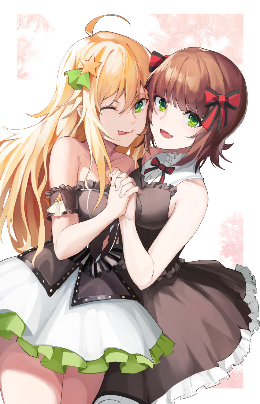 2girls absurdres ahoge alternate_costume amami_haruka bare_shoulders blonde_hair breasts brown_hair cleavage collarbone cowboy_shot dress fang frilled_dress frills green_eyes hair_between_eyes halloween highres hoshii_miki idolmaster idolmaster_(classic) idolmaster_cinderella_girls interlocked_fingers large_breasts long_hair looking_at_viewer madao multiple_girls one_eye_closed open_mouth short_dress skin_fang smile tongue tongue_out tsurime