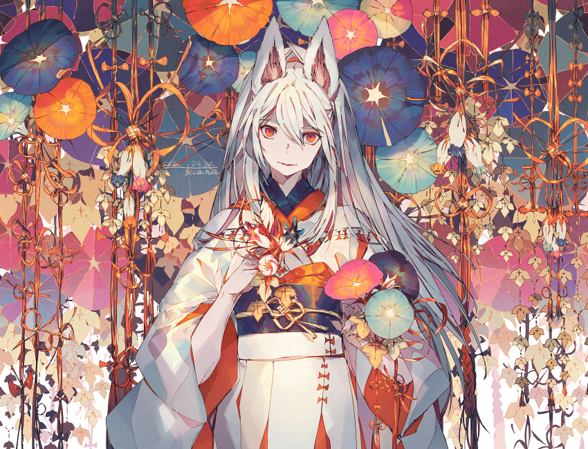 1girl animal_ears artist_name dated flower fox_ears hair_between_eyes highres holding holding_flower japanese_clothes kimono lemming_no_suana long_hair looking_at_viewer original pale_skin red_eyes solo standing white_hair white_kimono wide_sleeves