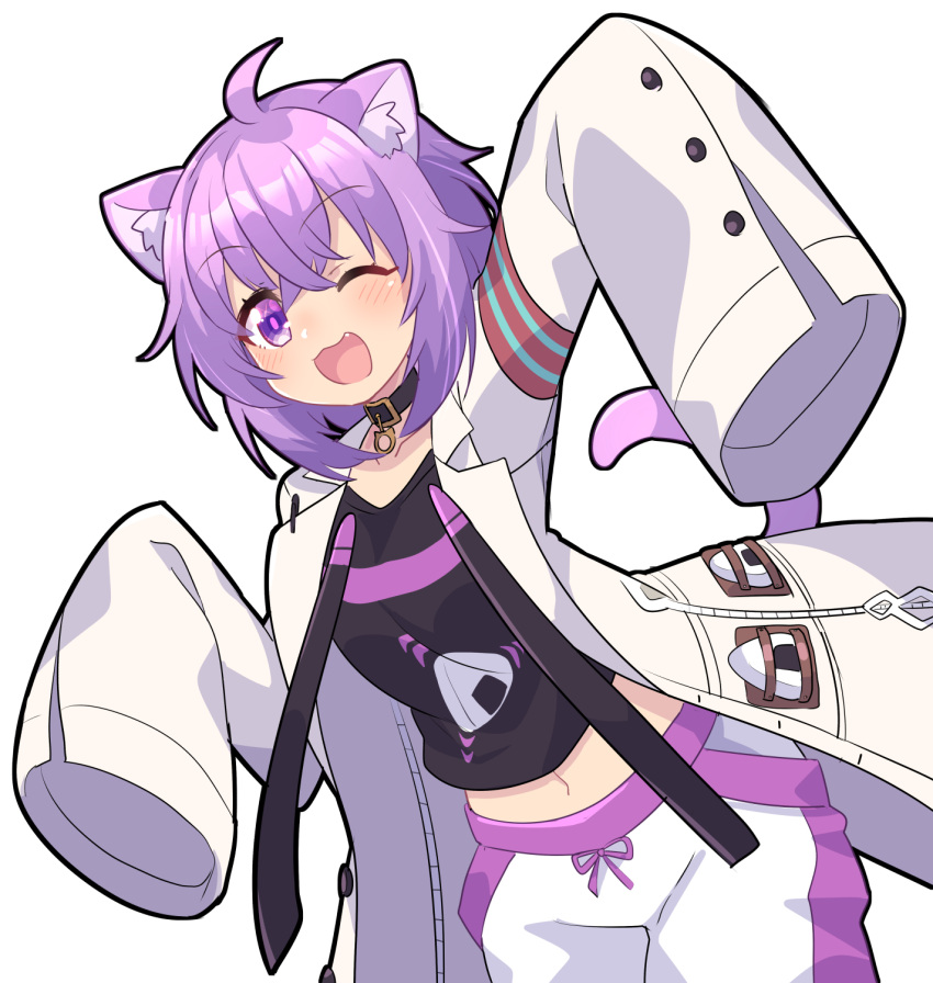 1girl agnes_tachyon_(umamusume) agnes_tachyon_(umamusume)_(cosplay) ahoge animal_ears cat_ears cat_tail collar cosplay fang food highres hololive labcoat midriff navel nekomata_okayu one_eye_closed onigiri onigiri_print purple_eyes purple_hair sleeves_past_fingers sleeves_past_wrists tail tomoyohi umamusume