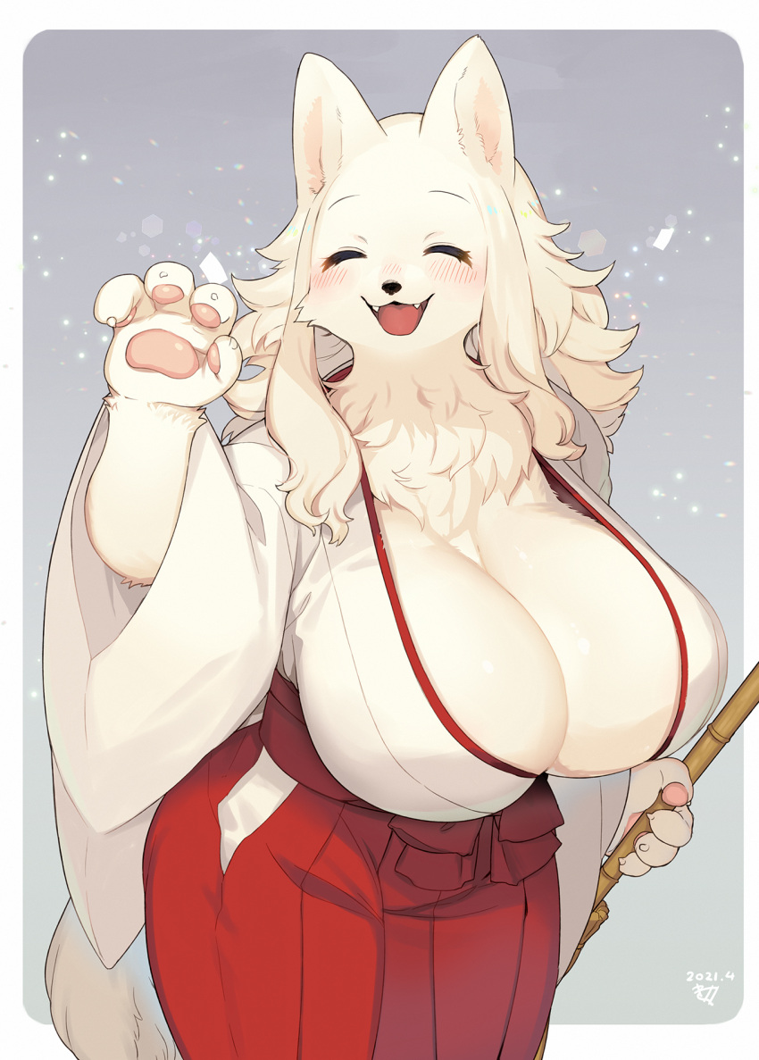 1girl ^_^ animal_ears animal_nose bamboo_broom blush body_fur breasts broom claws cleavage closed_eyes commentary_request dated fangs furry hakama hand_up highres holding holding_broom huge_breasts japanese_clothes kishibe miko original paws red_hakama short_hair snout solo tail white_fur