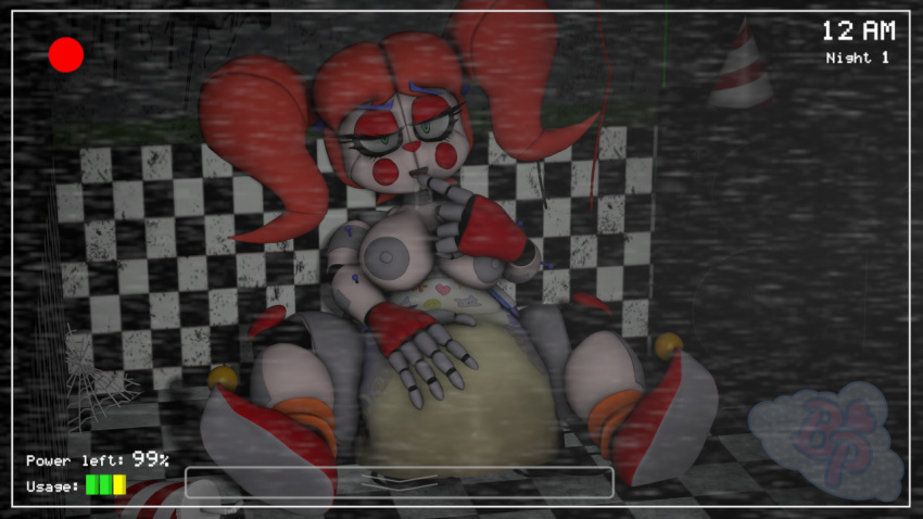 bodily_fluids bootypatootie circus_baby_(fnaf) diaper drooling female five_nights_at_freddy's genital_fluids hand_in_mouth hand_on_diaper looking_seductive saliva security_camera sitting solo solo_focus spread_legs spreading sultry_gaze tongue touching_diaper urine video_games watersports wet_diaper wetting