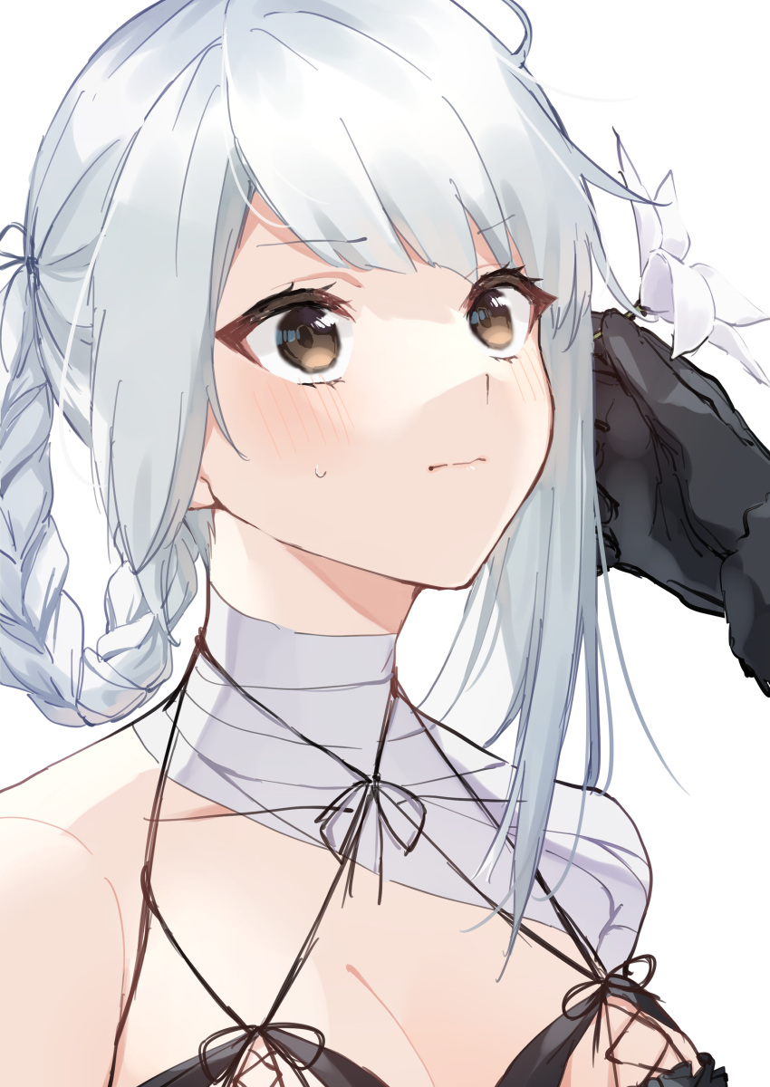 1girl absurdres asymmetrical_hair babydoll bandaged_arm bandaged_leg bandages bangs black_gloves blush braid caress closed_mouth eyebrows_visible_through_hair flower gloves hair_flower hair_ornament hand_on_another's_head highres hinakano_h kaine_(nier) lingerie long_hair looking_up lunar_tear negligee nier nier_(series) simple_background single_braid solo sweatdrop underwear white_background white_hair yellow_eyes