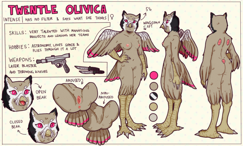 avian bird feathers female genitals hi_res laser_blaster mortytaur owl pink_body pink_eyes pink_feathers pussy scops_owl solo throwing_knife true_owl twentle twentle_olivica twentles white-faced_owl