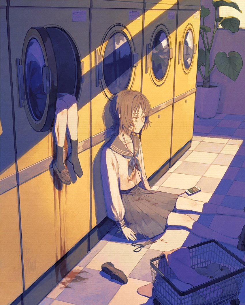 2girls absurdres blood blood_on_clothes blood_on_face blood_splatter brown_hair cellphone cellphone_display checkered checkered_floor corpse earphones empty_eyes expressionless highres implied_murder indoors laundromat laundry_basket listening_to_music loafers long_sleeves looking_afar multiple_girls nashiko_(nanaju_ko) neckerchief on_floor original phone plant pleated_skirt potted_plant school_uniform scissors serafuku shoes shoes_removed short_hair single_shoe sitting skirt solo_focus sunlight tile_floor tiles washing_machine yellow_eyes