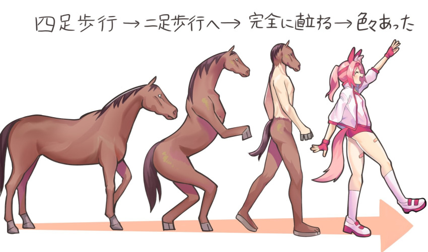 1girl ^_^ animal_ears arm_up closed_eyes commentary_request evolution fingerless_gloves gloves haru_urara_(umamusume) headband highres horse horse_ears horse_girl horse_tail jacket katwo kneehighs open_mouth pink_hair red_gloves red_headband short_hair tail track_jacket translation_request umamusume walking