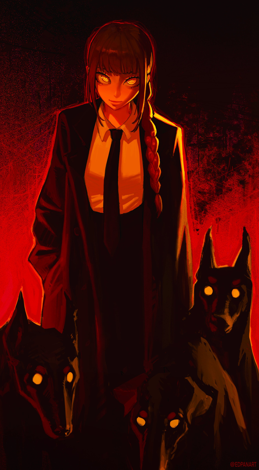 1girl absurdres bangs blunt_bangs braid chainsaw_man closed_mouth coat collared_shirt commentary doberman dog edpan english_commentary highres limited_palette long_hair looking_at_viewer makima_(chainsaw_man) necktie open_clothes open_coat pants red_theme ringed_eyes shirt smile solo standing white_shirt wing_collar yellow_eyes