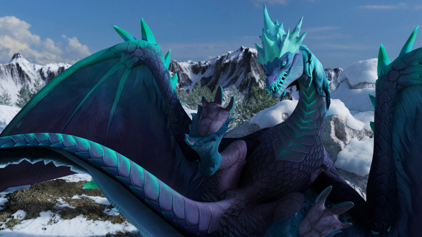 16:9 2021 3d_(artwork) 4k absurd_res ambiguous_gender auroth_the_winter_wyvern blender_(software) claws detailed_background digital_media_(artwork) dota dragon female_(lore) feral hi_res ivorylagiacrus looking_at_viewer lying membrane_(anatomy) membranous_wings mountain on_back outside paws plant presenting raised_paw scales scalie smile snow solo spread_legs spreading teeth toe_claws tree video_games widescreen wings wyvern
