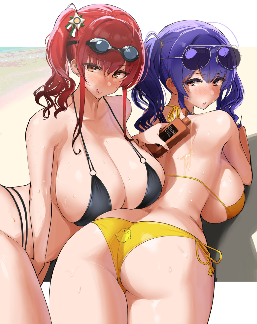 2girls absurdres ass azur_lane back bangs bare_shoulders beach bikini black_bikini blush breasts cleavage collarbone eyewear_on_head goggles goggles_on_head highres large_breasts licking_lips long_hair looking_at_viewer looking_back lotion lotion_bottle multiple_girls nanae orange_eyes pola_(azur_lane) pola_(seaside_coincidence)_(azur_lane) red_hair side_ponytail sidelocks smile sunglasses swimsuit thighs tongue tongue_out twintails yellow_bikini zara_(azur_lane) zara_(poolside_coincidence)_(azur_lane)
