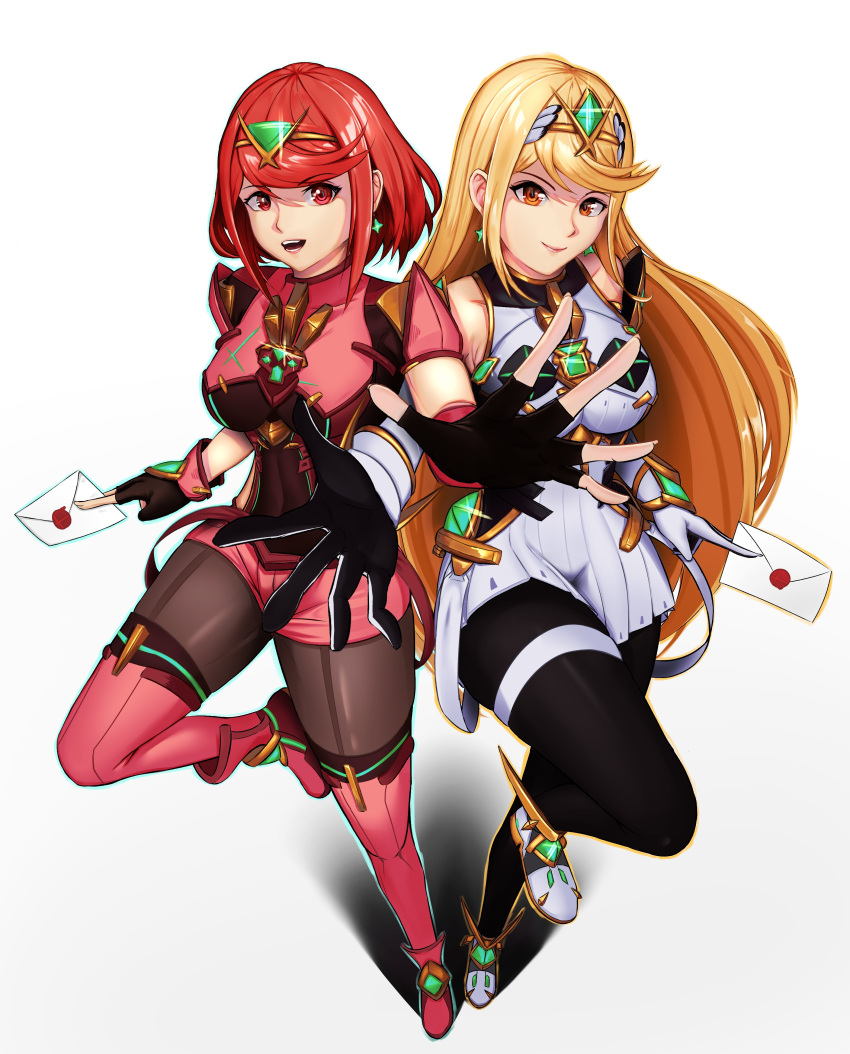 2girls :d absurdres bangs bare_shoulders black_gloves black_legwear blonde_hair breasts chest_jewel dress earrings elbow_gloves fingerless_gloves glint gloves highres jewelry long_hair luxpineapple medium_breasts multiple_girls mythra_(massive_melee)_(xenoblade) mythra_(xenoblade) open_mouth pantyhose pyra_(xenoblade) red_eyes red_footwear red_hair red_legwear red_shorts short_dress short_hair short_shorts shorts simple_background smash_invitation smile swept_bangs thigh_strap thighhighs tiara very_long_hair white_background white_dress white_footwear white_gloves xenoblade_chronicles_(series) xenoblade_chronicles_2 yellow_eyes