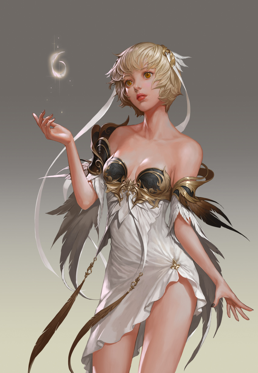 1girl absurdres bare_shoulders blonde_hair breasts cleavage detached_sleeves dress english_commentary head_tilt highres looking_ahead mam_ba nose open_hands parted_lips realistic seven_knights short_hair short_sleeves small_breasts solo white_dress yeon_hee_(seven_knights)