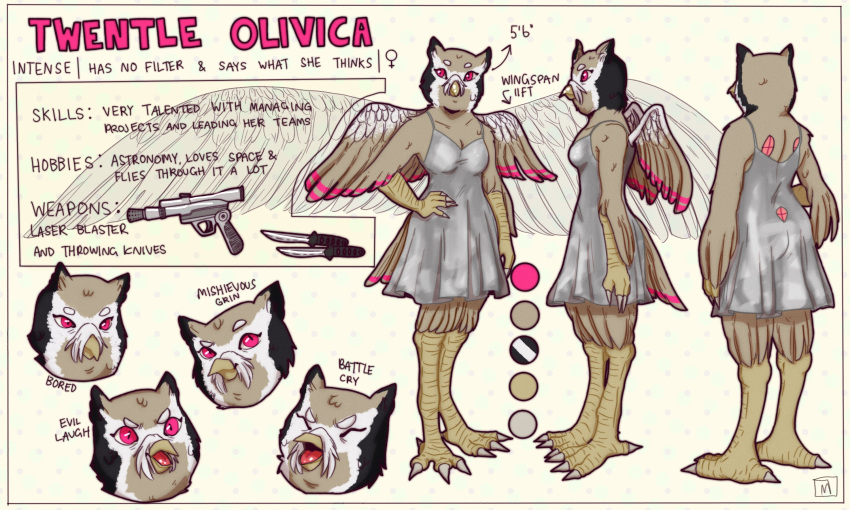 anthro avian bird blaster clothing female gun hi_res knife laser_blaster model_sheet mortytaur owl pink_eyes ranged_weapon scops_owl silver_dress solo throwing_knife true_owl twentle twentle_olivica twentles weapon white-faced_owl wings