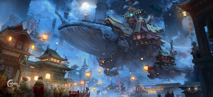 absurdres aether_(genshin_impact) architecture bird_wings blue_sky castle chigalidepoi cityscape cloud crowd east_asian_architecture fantasy floating floating_castle ganyu_(genshin_impact) genshin_impact highres lantern lumine_(genshin_impact) moon multiple_boys multiple_girls night outdoors qiqi_(genshin_impact) scenery sky wings zhongli_(genshin_impact)