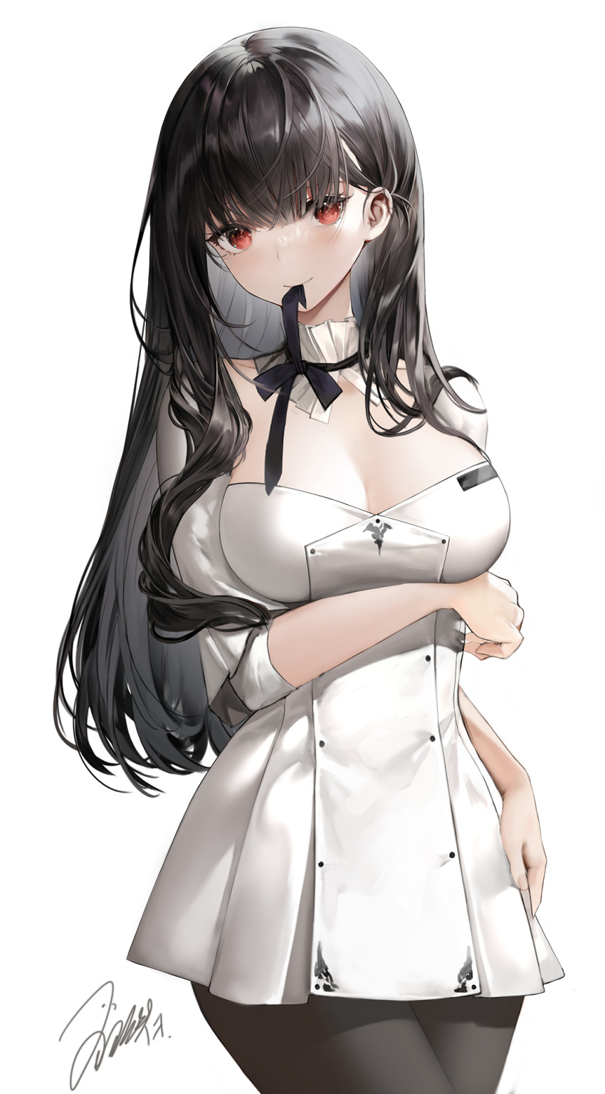 1girl arm_under_breasts bangs black_hair black_legwear black_neckwear black_ribbon blush breasts cleavage closed_mouth commentary cowboy_shot detached_sleeves dress english_commentary eyebrows_visible_through_hair haori_iori highres large_breasts long_hair long_sleeves looking_at_viewer mouth_hold neck_ribbon original pantyhose red_eyes ribbon signature smile solo strapless strapless_dress white_dress