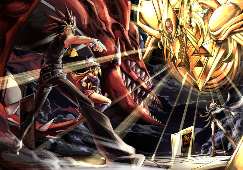 1girl 2boys :d belt black_hair blonde_hair card chain clenched_hand commentary_request dark_magician_girl dark_skin dark_skinned_male duel_disk duel_monster floating_cape from_below highres legs_apart light_rays long_hair looking_at_another male_focus millennium_puzzle millennium_ring multicolored_hair multiple_boys open_mouth osiris_the_sky_dragon pants red_hair shirt shoes smile smoke spiked_hair spread_fingers standing the_winged_dragon_of_ra tile_floor tiles upper_teeth voke yami_marik yami_yuugi yu-gi-oh! yu-gi-oh!_duel_monsters