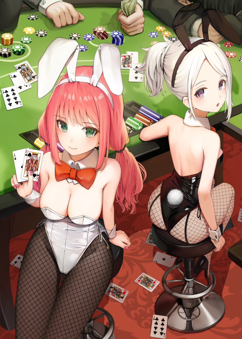 2girls 3boys animal_ears arm_support bangs black_footwear black_leotard bow breasts brown_legwear bunny_ears bunny_tail card cleavage collar commentary_request copyright_request eyebrows_visible_through_hair fake_animal_ears fake_tail fingernails fishnet_legwear fishnets full_body green_eyes hair_tie hairband high_heels highres holding holding_card holding_money leotard looking_at_viewer medium_breasts medium_hair money multiple_boys multiple_girls nail_polish out_of_frame pantyhose pink_hair pink_nails playboy_bunny playing_card poker poker_chip poker_table red_bow red_neckwear sidelocks sitting smile stool strapless strapless_leotard sunga2usagi tail tied_hair twintails white_collar white_hair white_leotard wrist_cuffs