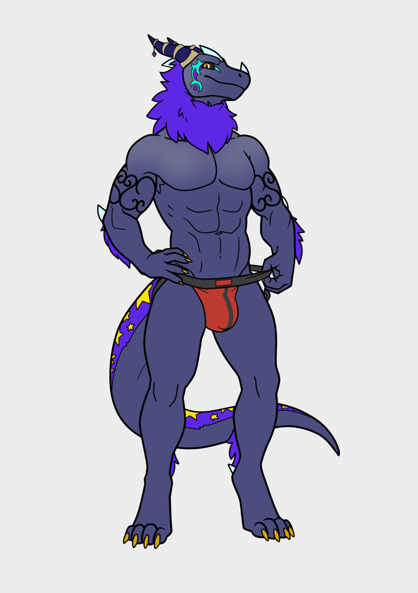 absurd_res anthro bulge claws clothed clothing clothing_pull dragon fur hi_res horn jockstrap looking_at_viewer male markings purple_body purple_fur sharkiedude simple_background solo standing topless underwear underwear_pull white_background yellow_eyes