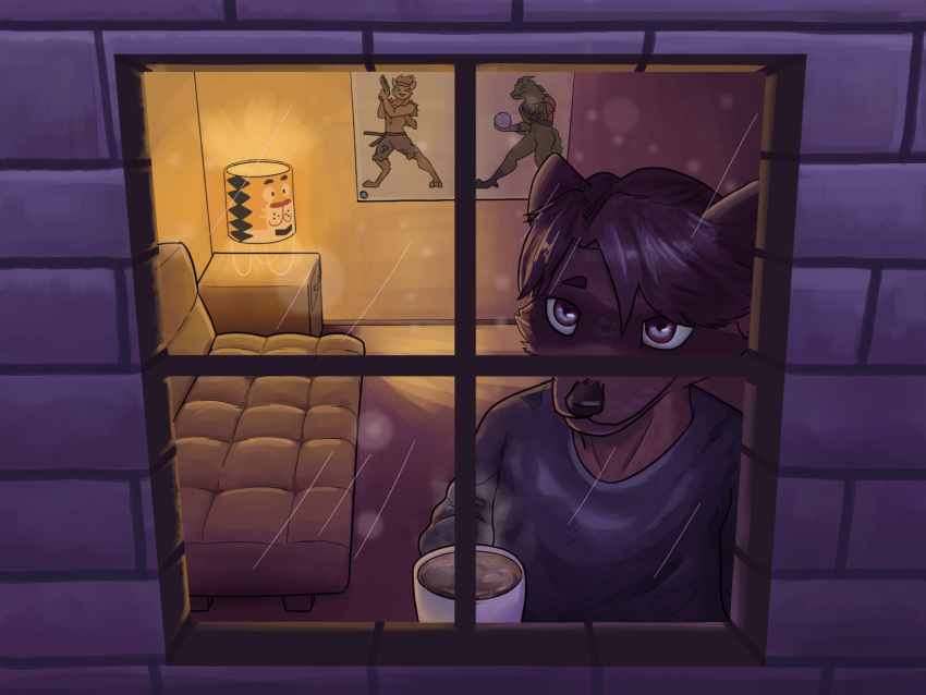 anthro bodily_fluids cocoa_(drink) colorful fur gazuki hi_res illuminated male mammal perspective_shot procyonid raccoon staring_up sweat window