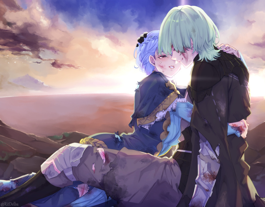 1boy 1girl absurdres armor black_armor black_cape black_gloves blue_capelet blue_dress blue_hair braid breasts byleth_(fire_emblem) byleth_(fire_emblem)_(male) cape capelet closed_eyes closed_mouth cloud cloudy_sky commentary crown_braid crying dress english_commentary fire_emblem fire_emblem:_three_houses gauntlets gloves green_hair hand_on_another's_head hetero highres hug injury light lips long_sleeves marianne_von_edmund outdoors parted_lips ritence short_hair sitting sitting_on_ground sky smile tears teeth torn_clothes twitter_username