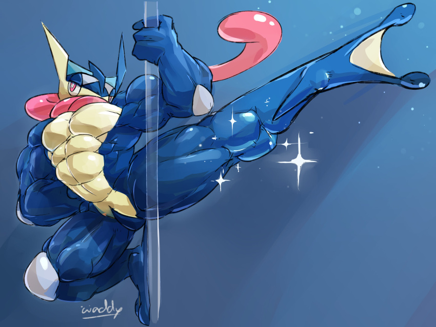 abs absurd_res anthro biceps blue_background dancing grabbing_pole greninja hi_res male muscular muscular_anthro muscular_male nintendo pecs pok&eacute;mon pok&eacute;mon_(species) pole pole_dancing simple_background solo sparkles tongue video_games waddledox
